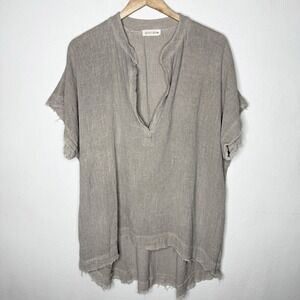 Lavender Bird Beige Textured Lagenlook Tunic Top Raw Edge V-neck Made In Italy